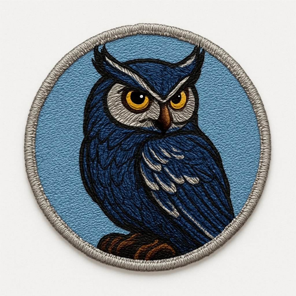 Intricate Dark Blue Owl Embroidered Patch for Hats Category