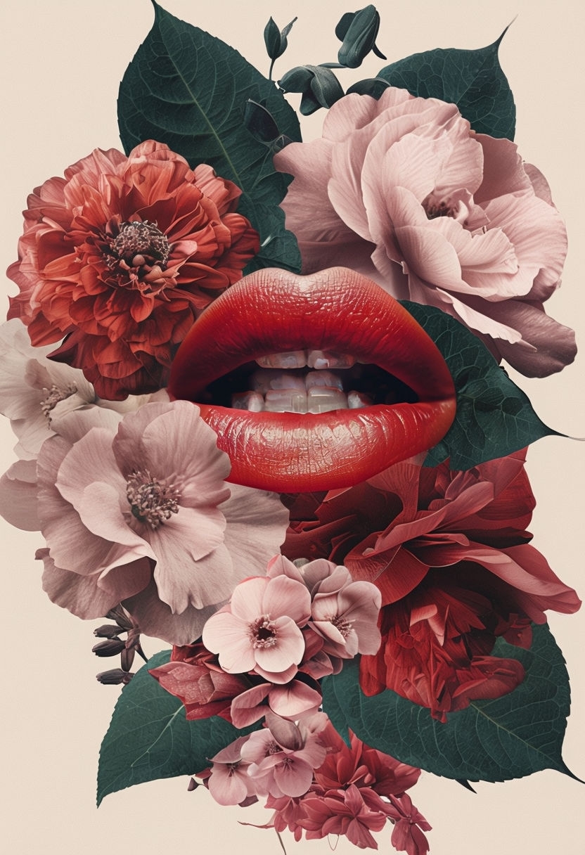 Surreal Digital Collage of Crimson Lips and Vibrant Flowers Art