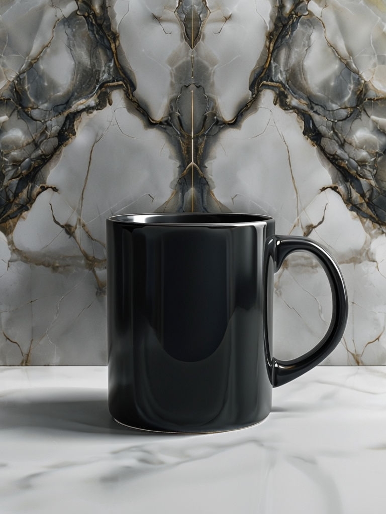 Elegant Black Ceramic Mug on Luxurious Marble Background Mockup