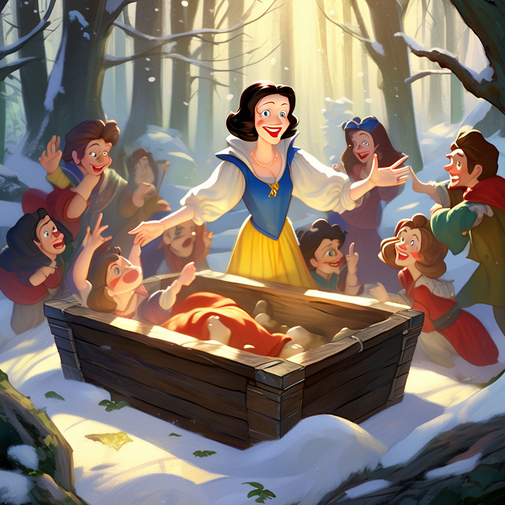 Snow White lying in a glass casket surrounded by seven dwarf... by ...