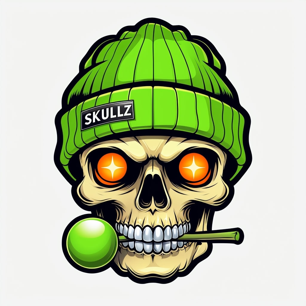 Playful Cartoon Skull with Lime Green Beanie Hat Sticker