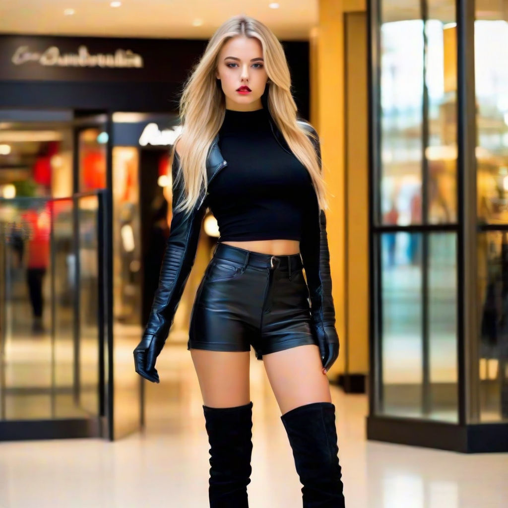 thin beautiful tall blonde female teens walking in the mall wearing thigh  high boots and extra long black leather gloves full body 15 feet from the  camera sleeveless top short shorts long