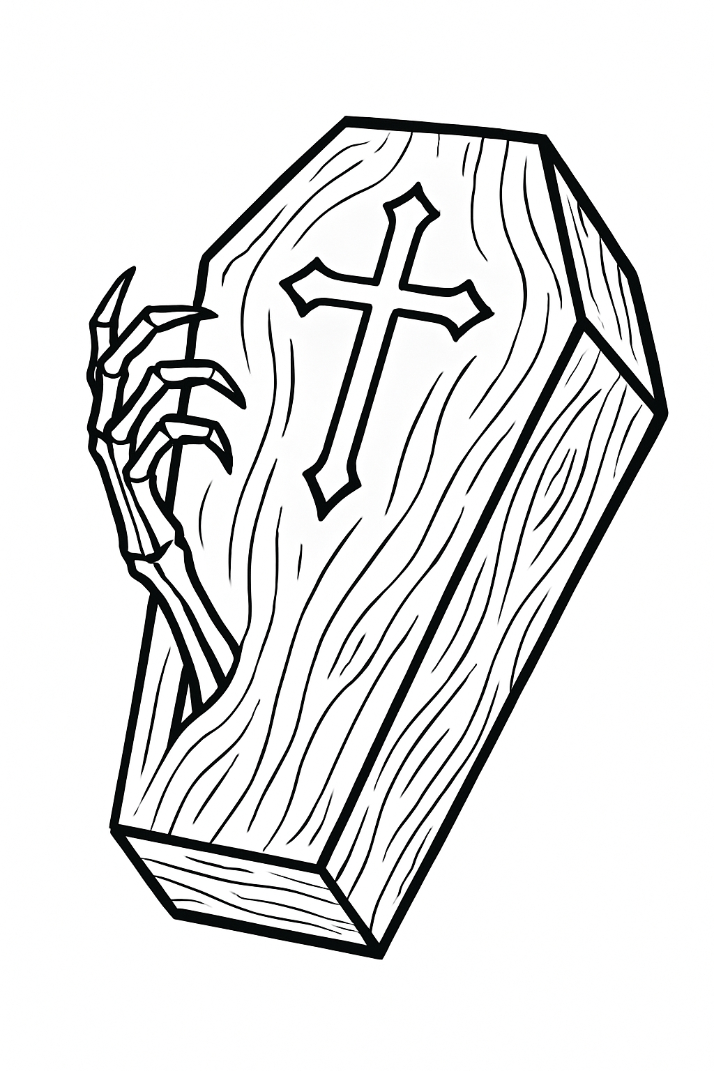 Gothic Style Coffin with Skeletal Hand Line Art Coloring Page