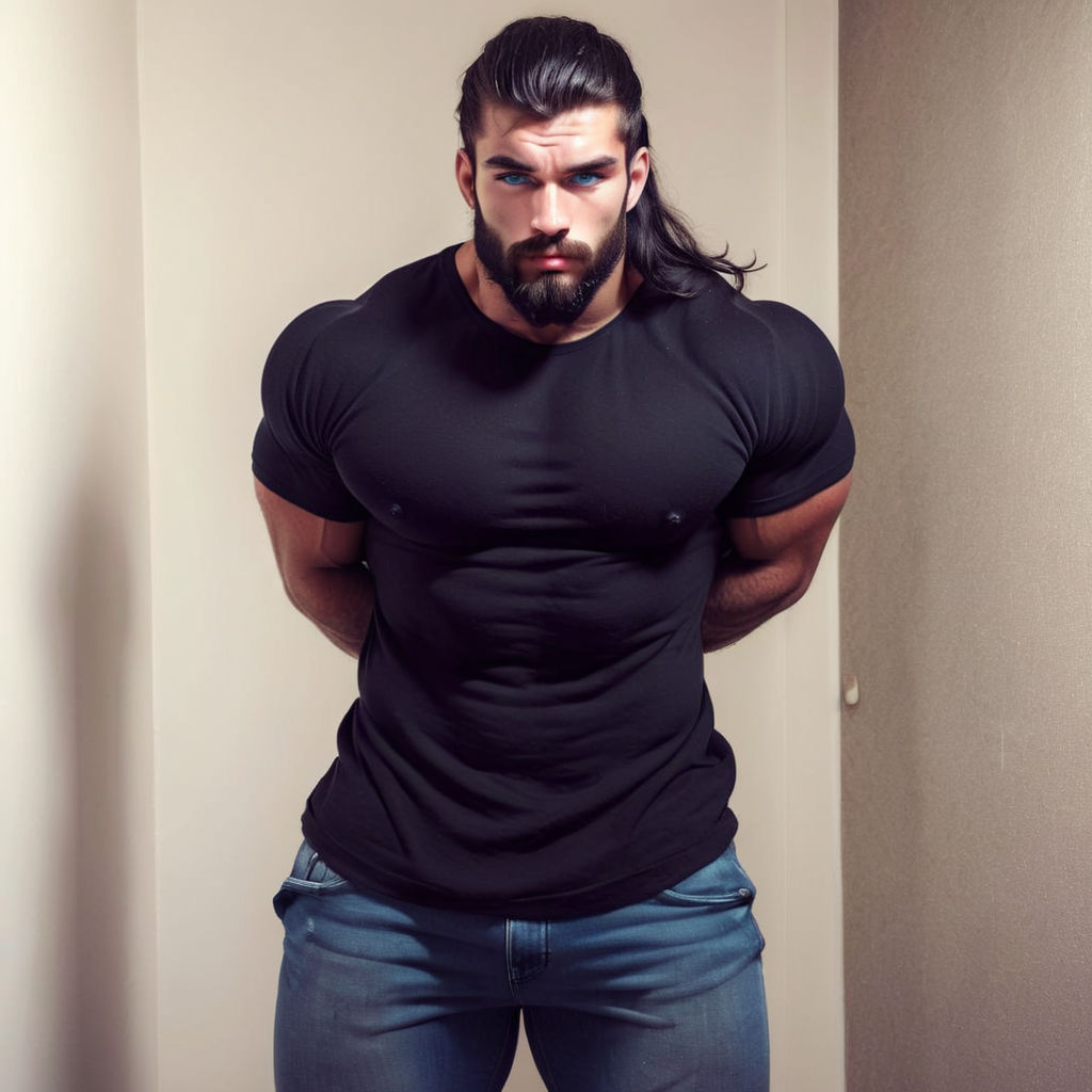 100 foot tall hunk with beard and long wavy hair. Crop top and skinny  jeans. Sexy photo