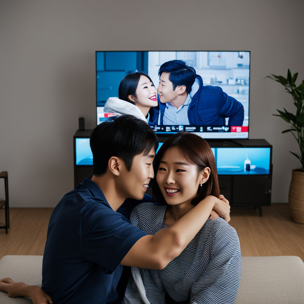 A Korean couple hugging each other in front of the TV in the... by 이한규 ...