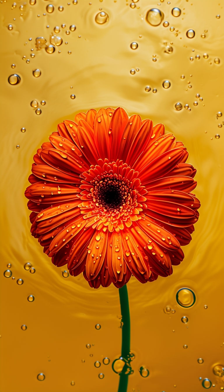 Vibrant Orange Gerbera Daisy Floating on Golden Water Surface Mobile Wallpaper
