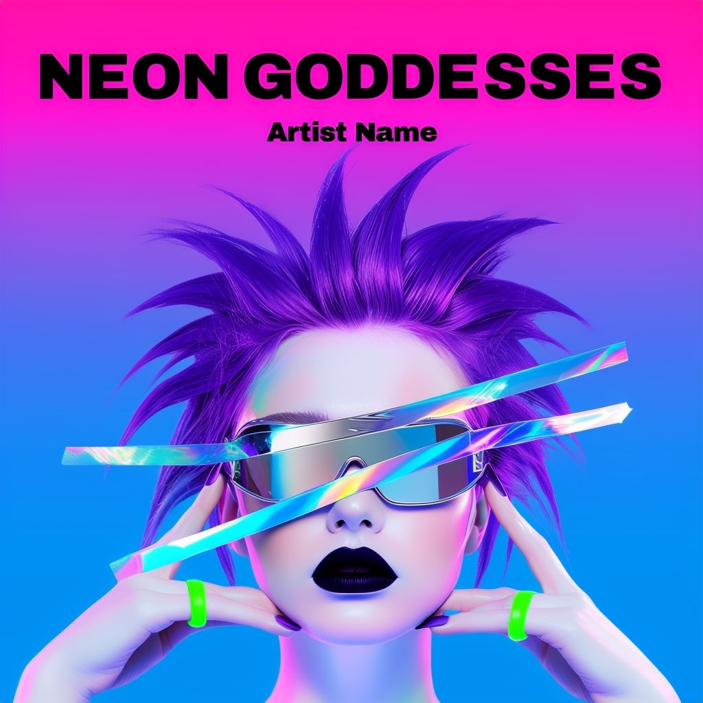 Vibrant Neon Goddesses Album Cover Art with Futuristic Elements