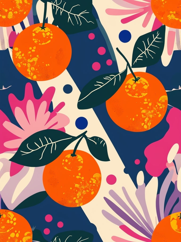 Vibrant Symmetrical Orange and Flower Pattern Art
