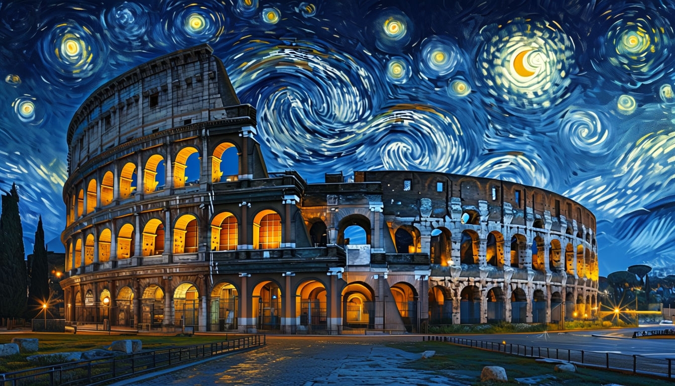 Starry Night Meets Colosseum: Surreal Night Scene Background