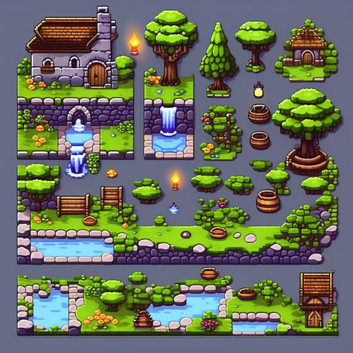 Pixel art tileset for a fantasy game featuring cobblestone p... by ...