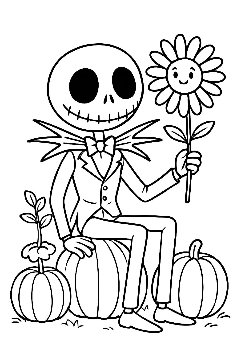 Whimsical Skeletal Character on Pumpkins Coloring Book Page