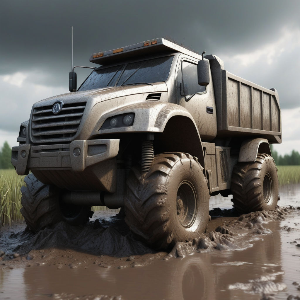 Create a cyber truck stuck in mud on muddy road realistic hi... by ...