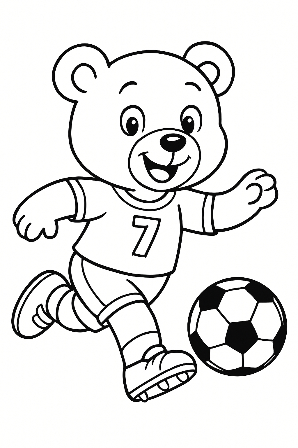 Playful Cartoon Bear Running with Soccer Ball Coloring Book Pages