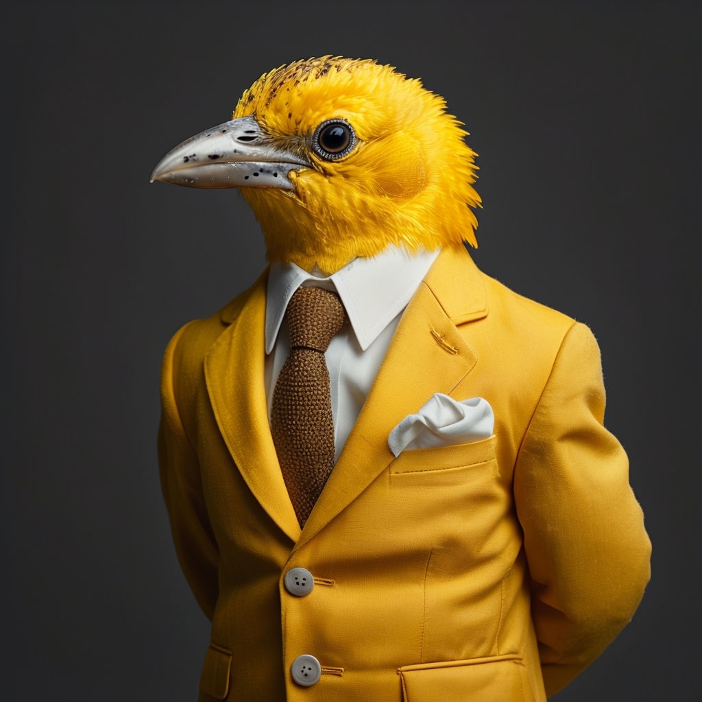 Whimsical Bird in Mustard Suit Elegant Portrait Photograph Art