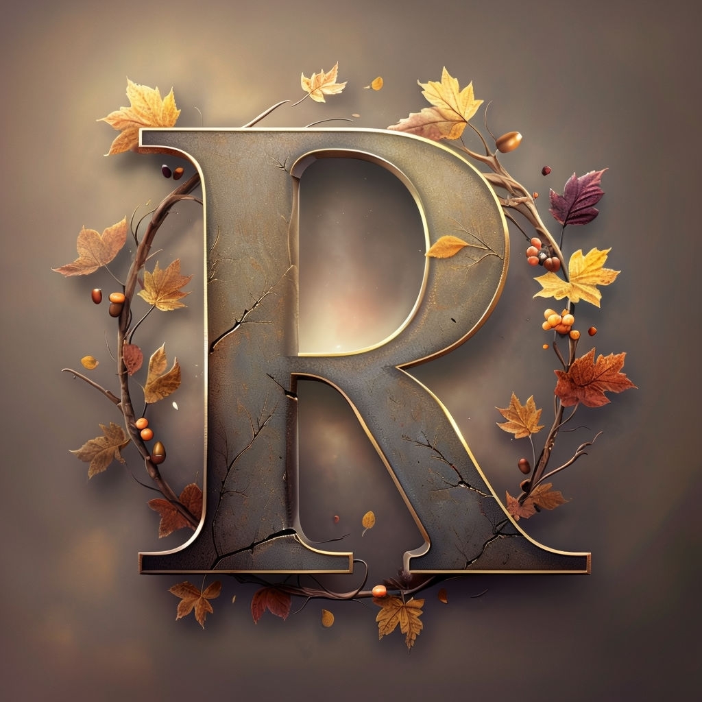 Autumn-Inspired 3D 'R' Monogram with Nature Elements Design Monogram