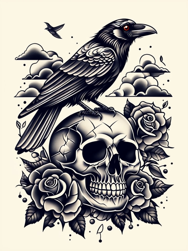 Intricate Traditional Tattoo Crow and Skull Art Design