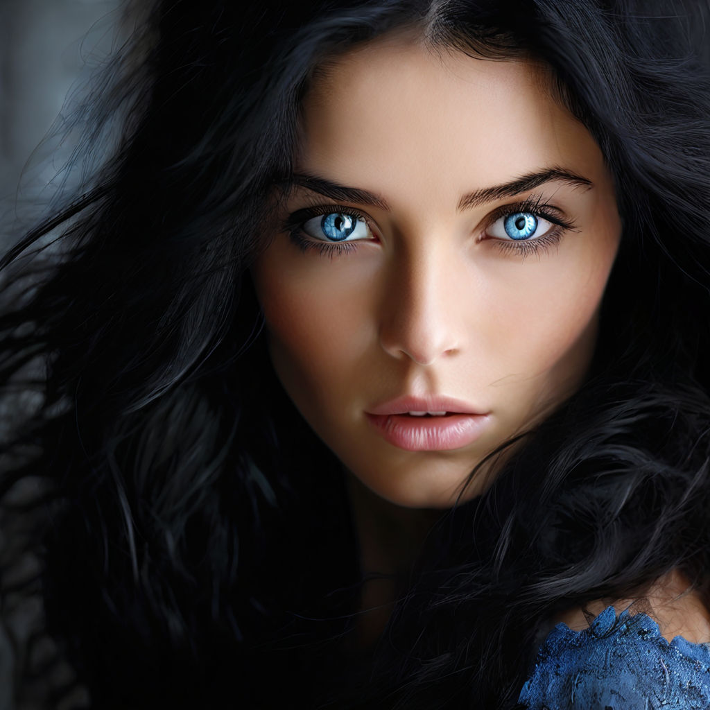 a stunning 22 years-old woman black hair deep blue eyes