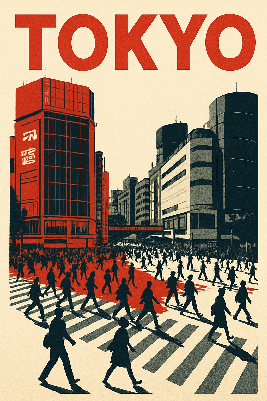Vintage Tokyo Street Scene with Crowded Pedestrian Crossing Poster