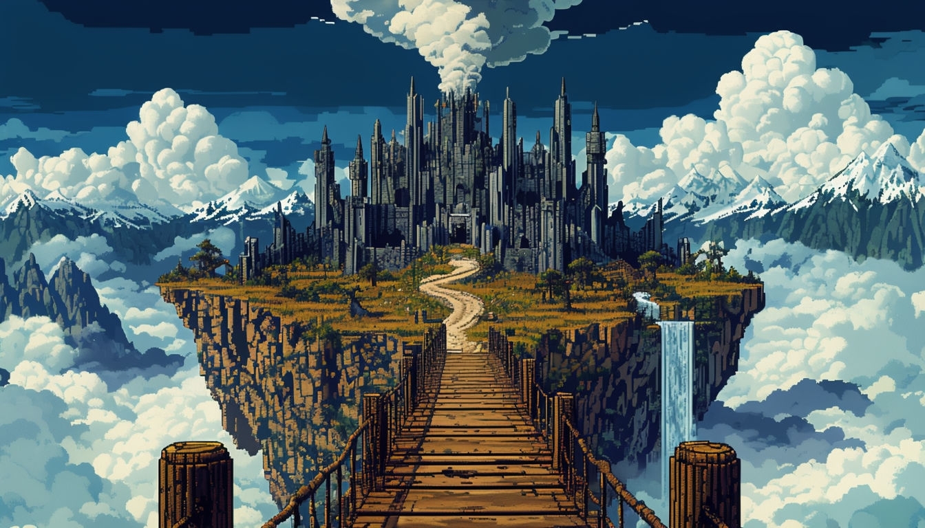 Pixelated Fantasy Landscape with Majestic Fortress Background