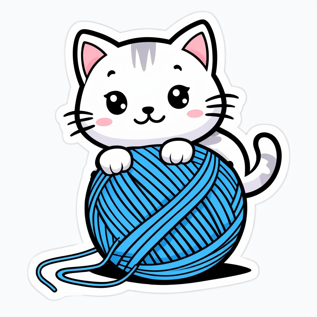 Adorable Cartoon White Kitten with Blue Yarn Ball Sticker