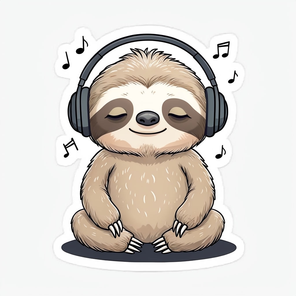 Relaxed Cartoon Sloth with Headphones Music Sticker