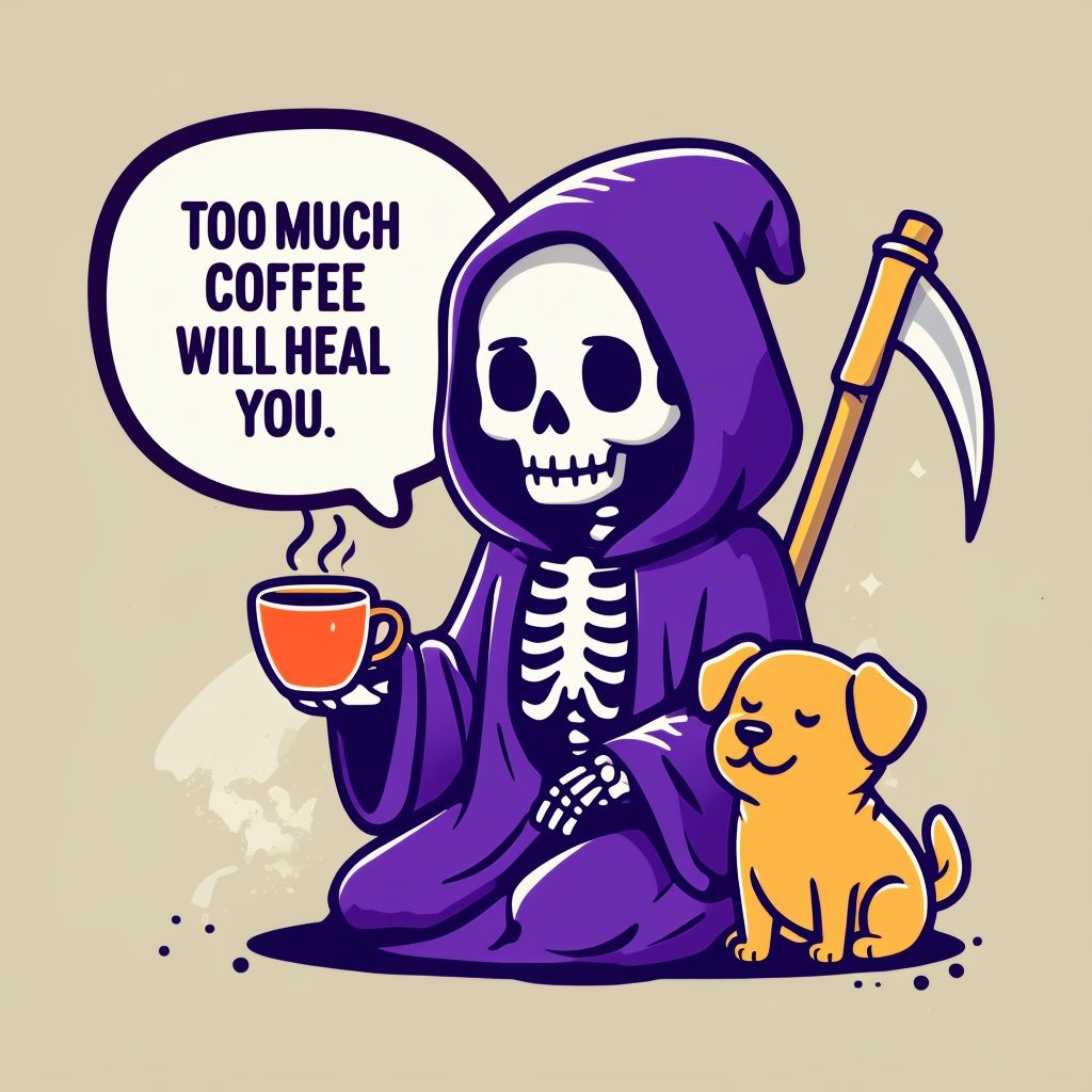 Humorous Skeletal Figure with Coffee and Dog Cartoon T-Shirt