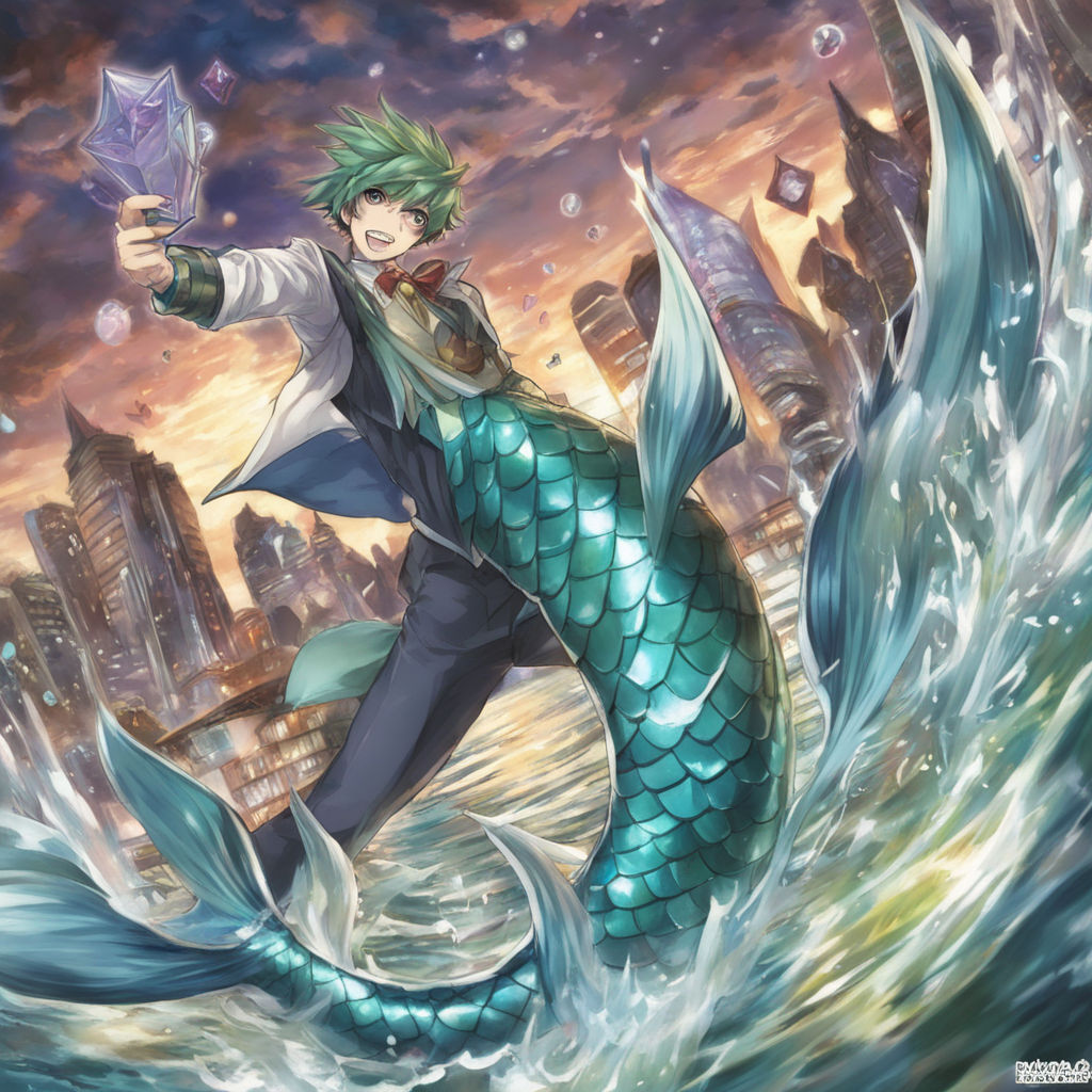 handsome anime merman on the beach