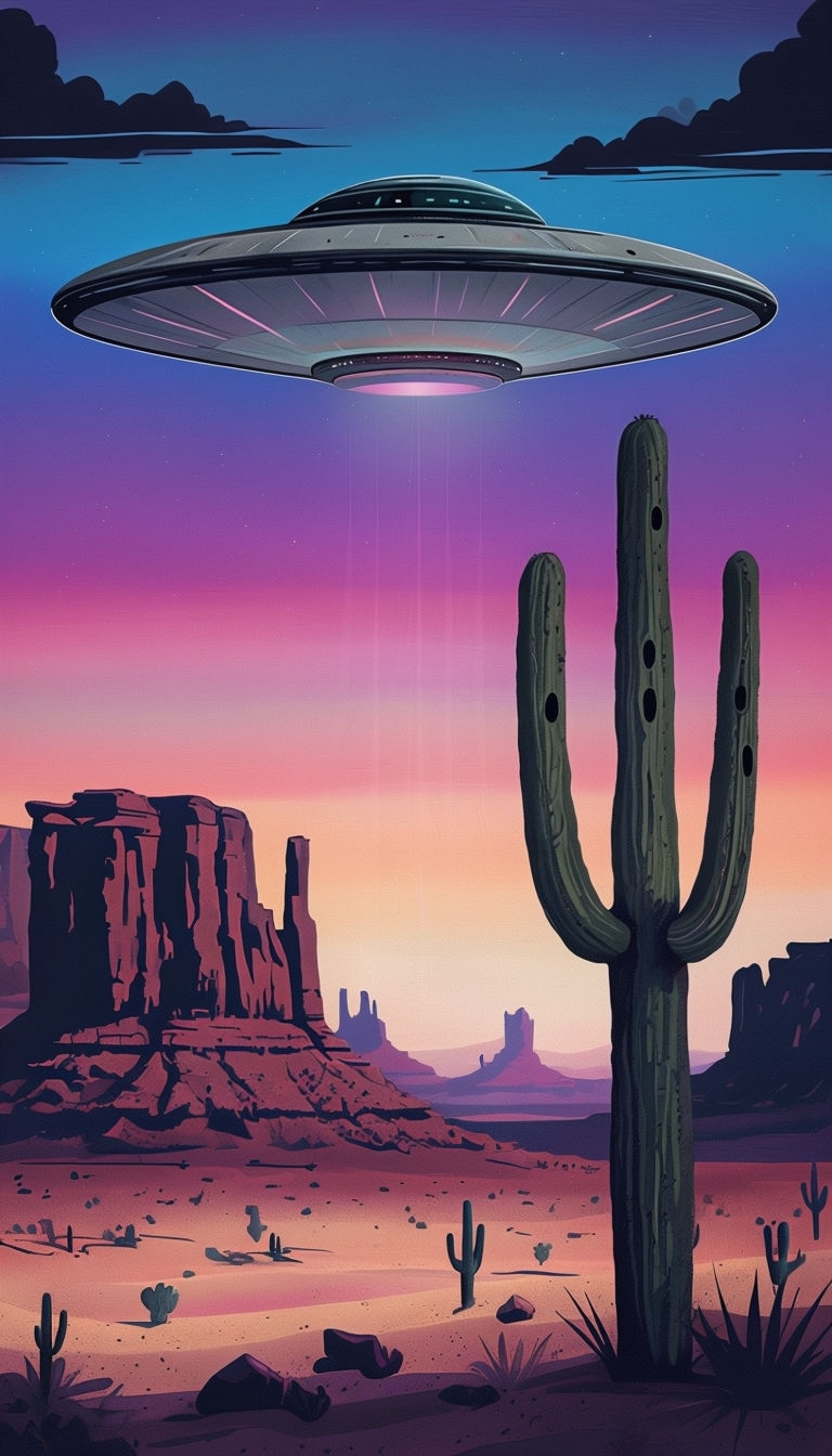 Surreal Desert Dusk Landscape with Cactus and UFO Mobile Wallpaper