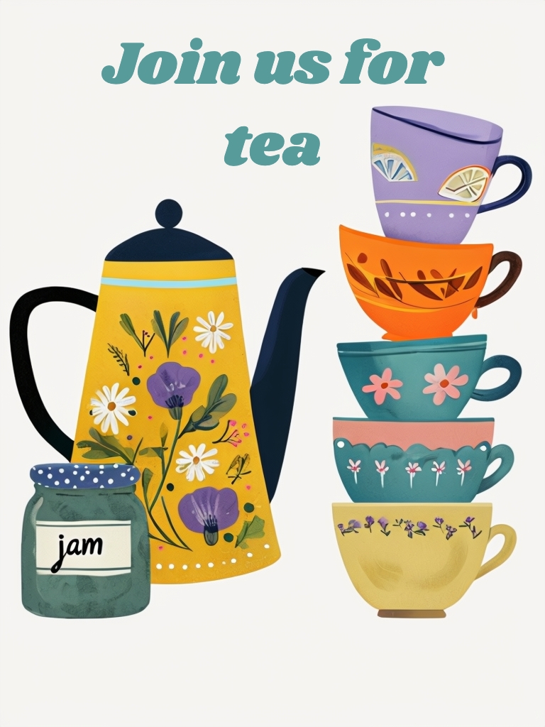 Whimsical Tea Party Invitation with Colorful Teapot and Cups Design Cards & Invites