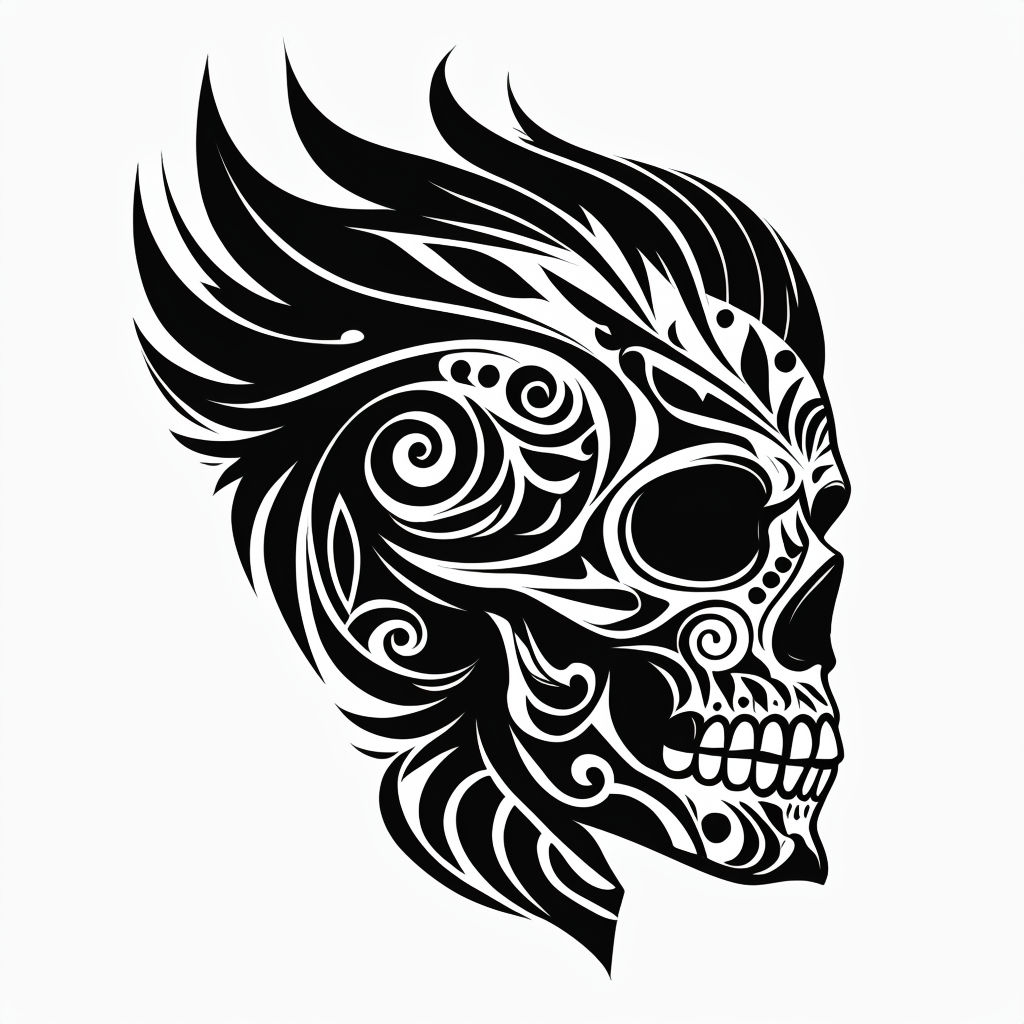 Black Tribal Skull Tattoo Illustration on White Background Art