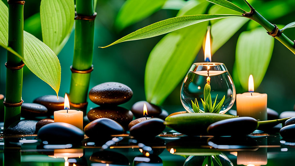 macro photography of a bamboo water fountain in nature. surrounded by small stones, flowers, candles, small plants, candles, and bamboo leaves. Zen stones. Miki Asai's macro photography technique stands out, focusing on intricate details and sharp focus. The image is gaining attention on ArtStation and is attributed to Greg Rutkowski, background bamboo tree and bamboo leaves, mornig, Miki Asai Macro photography, close-up, hyper detailed, trending on artstation, sharp focus, studio photo, intricate details, highly detailed, by greg rutkowski