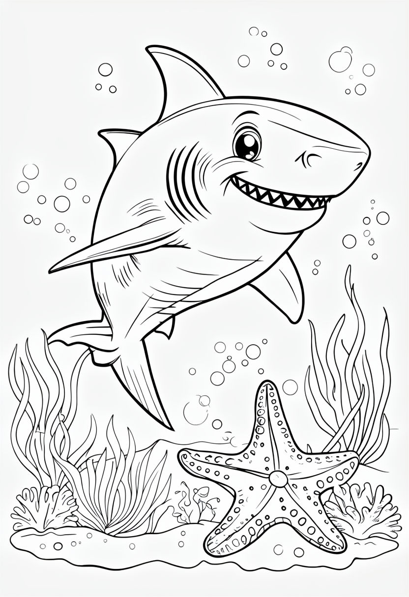 Cheerful Cartoon Shark Coloring Page for Fun Underwater Adventure Coloring Book Pages