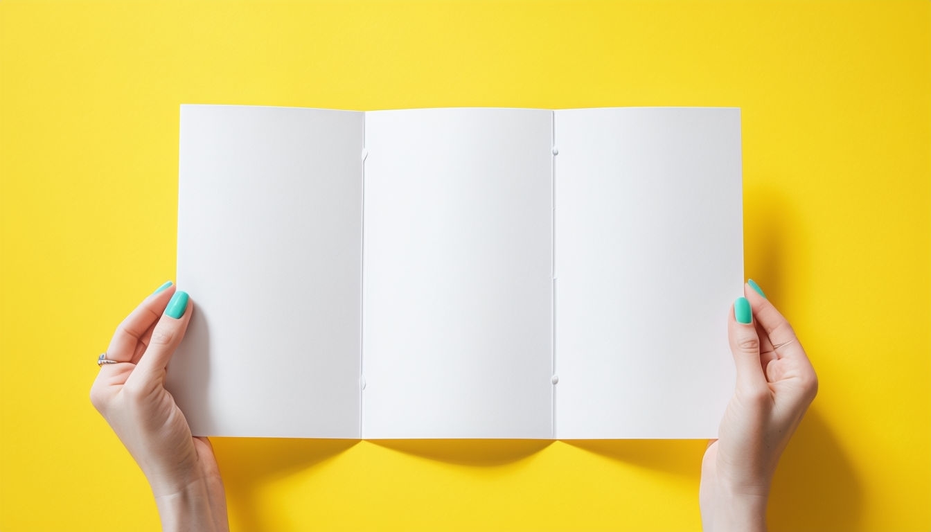 Vibrant Turquoise Hands Holding Brochure on Bright Yellow Background Mockup