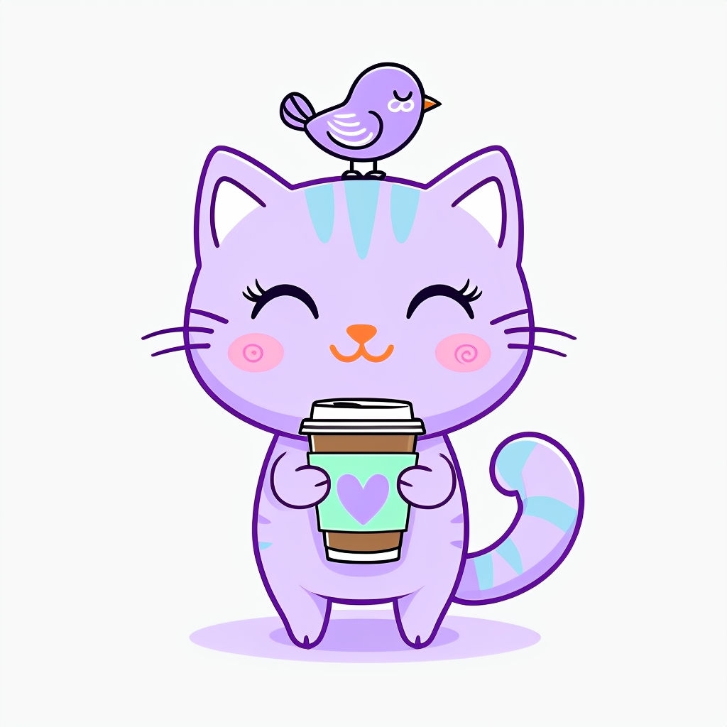 Cheerful Lavender Cat with Coffee Cup and Bird Sticker