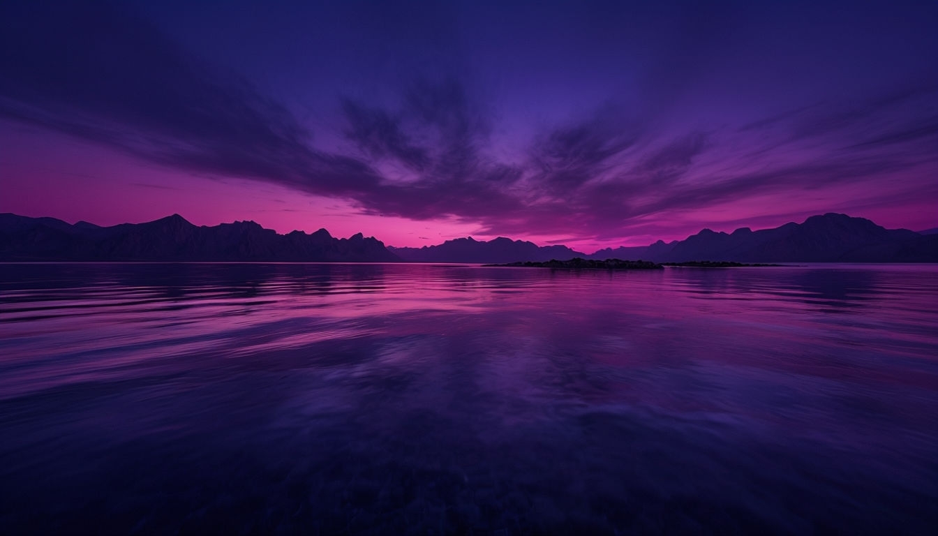 Serene Twilight Landscape with Reflective Water and Mountains Background