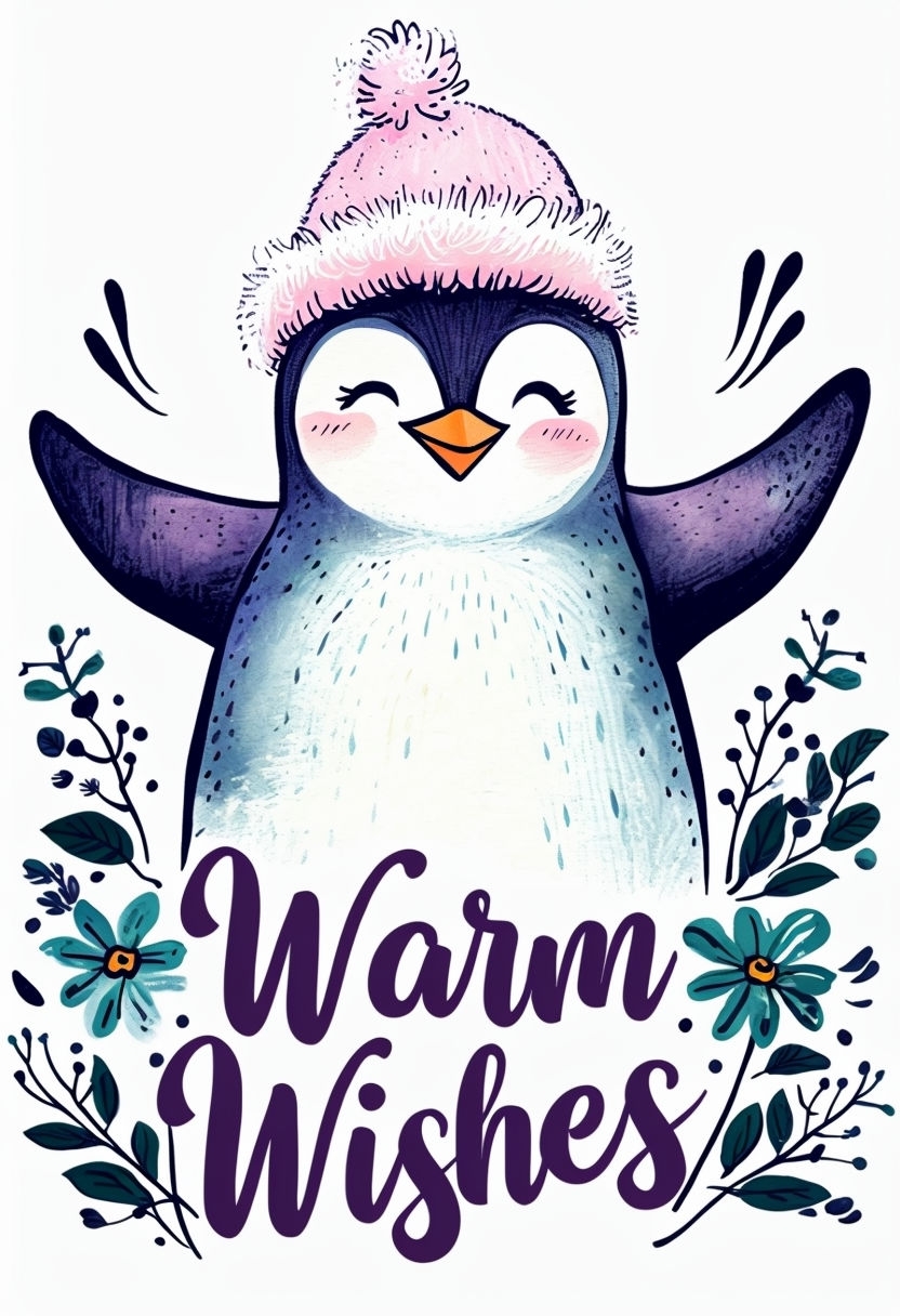 Whimsical Penguin Christmas Card with Warm Wishes Greeting