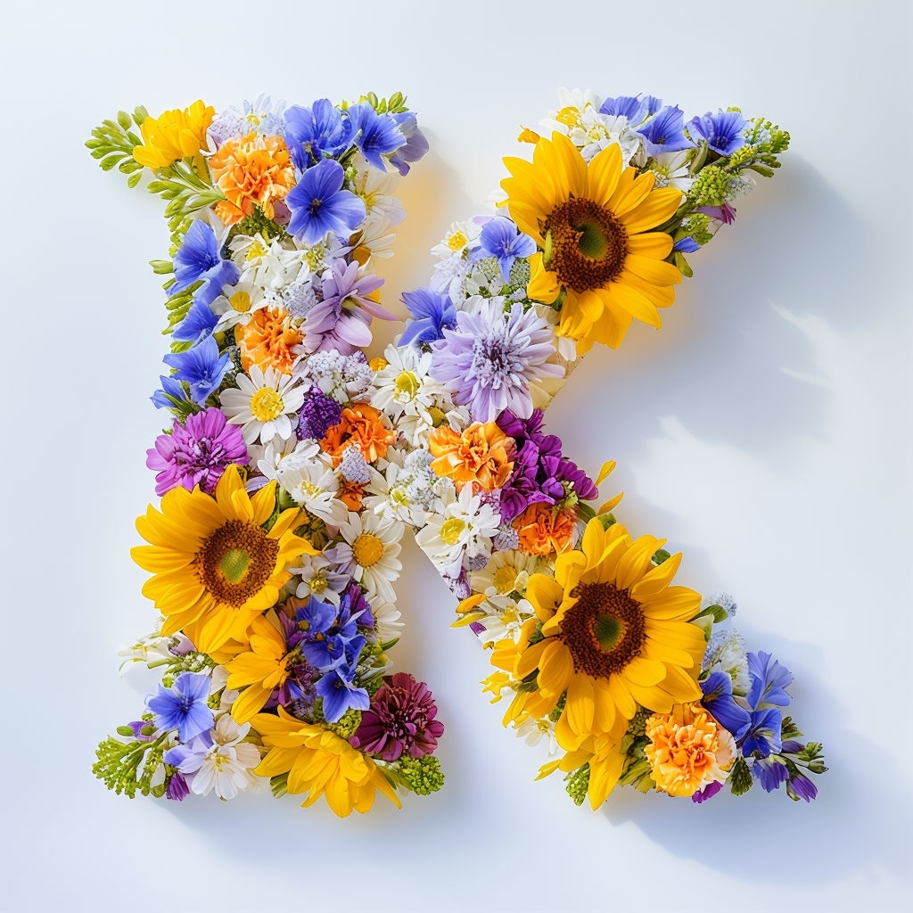 Vibrant Floral Letter K Composition on White Background Monogram