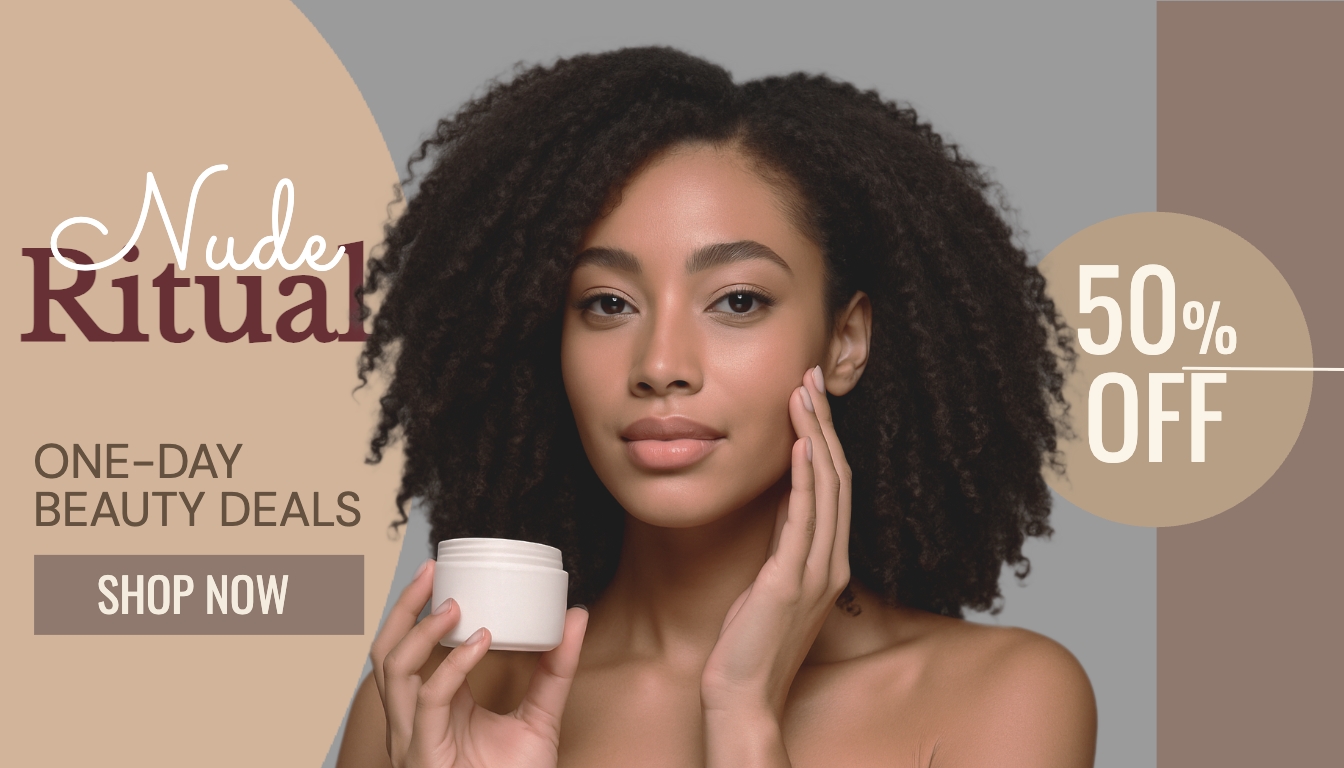 Beauty Promotion with Young Woman and 'Nude Ritual' Text Banner