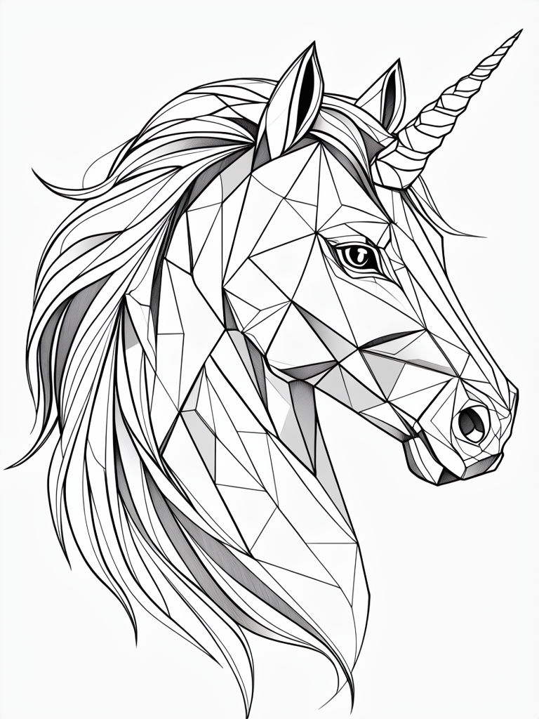 Intricate Black-and-White Geometric Unicorn Head Illustration Art