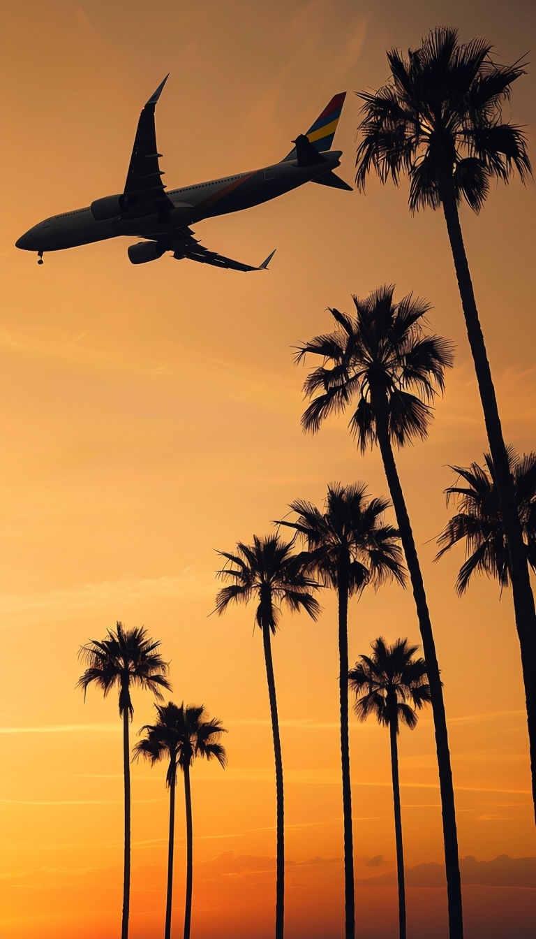 Tranquil Sunset with Palm Trees and Airplane Mobile Wallpaper