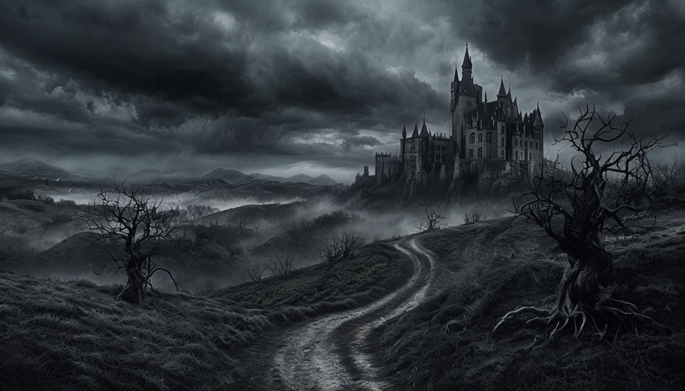 Gothic Castle in Eerie Dark Landscape Art for Spooky Vibes