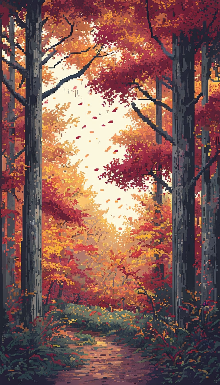 Nostalgic 8-Bit Autumn Forest Scene Art for Retro Lovers