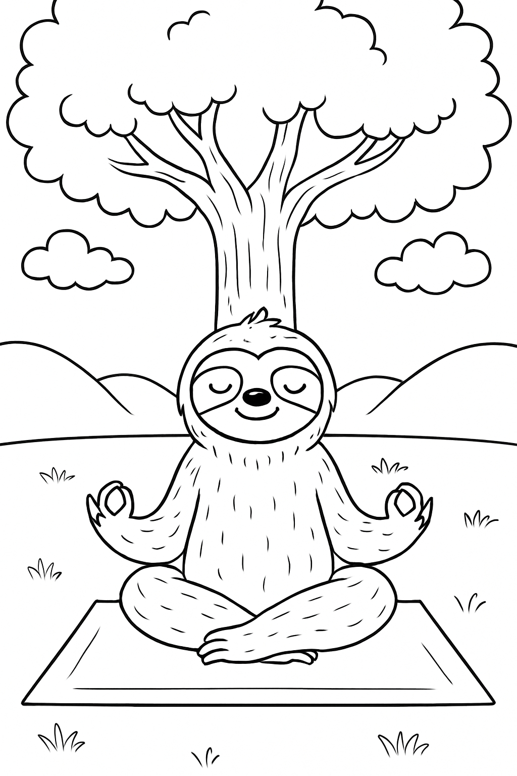 Meditating Sloth in Nature Relaxation Illustration Coloring Book Pages