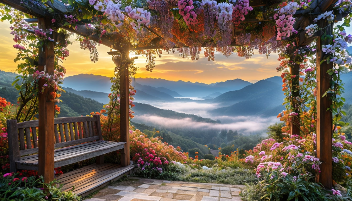 Serene Sunset Landscape Through Floral Pergola Art