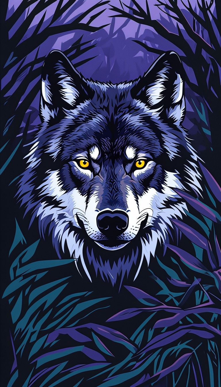 Dramatic Wolf Head Illustration with Forest Foliage Mobile Wallpaper