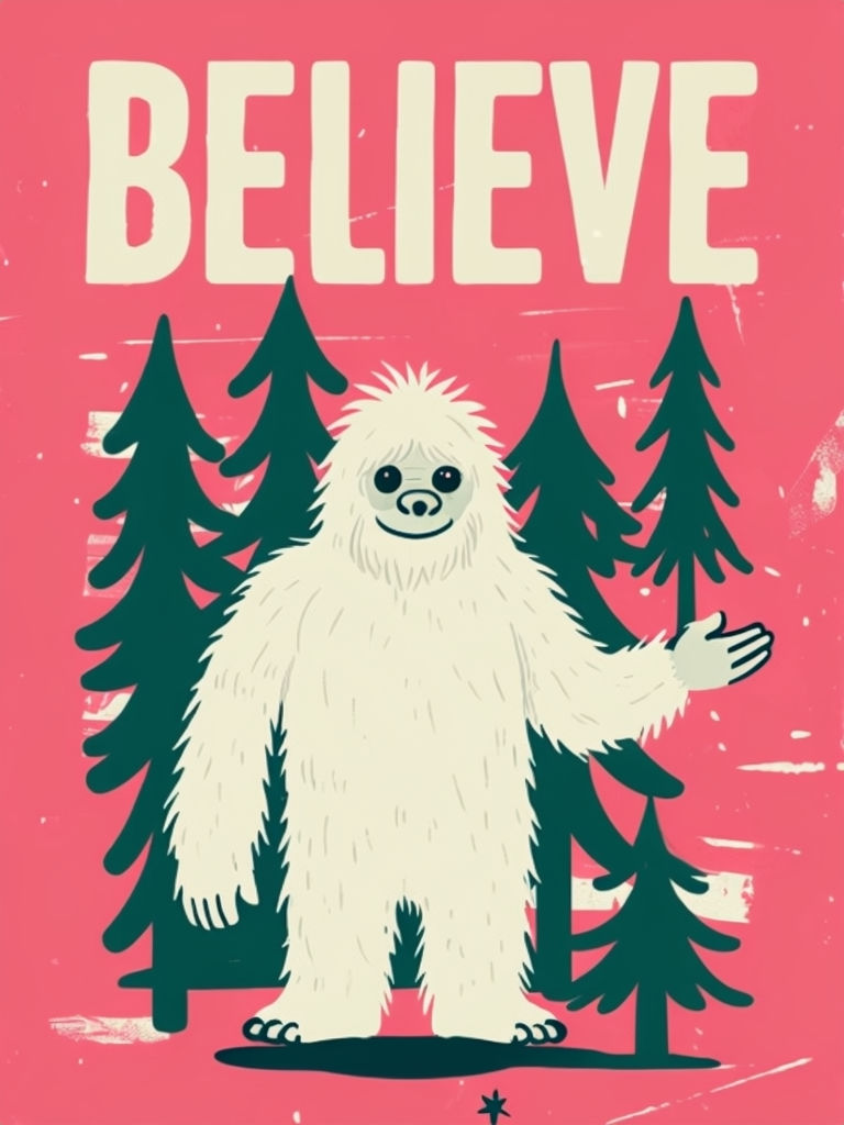 Whimsical Yeti and Forest Scene with BELIEVE Text Poster