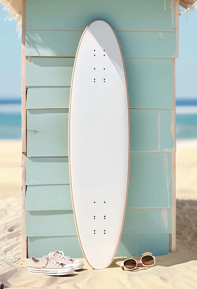 Coastal Longboard Deck Mockup Against Beach Hut Wall