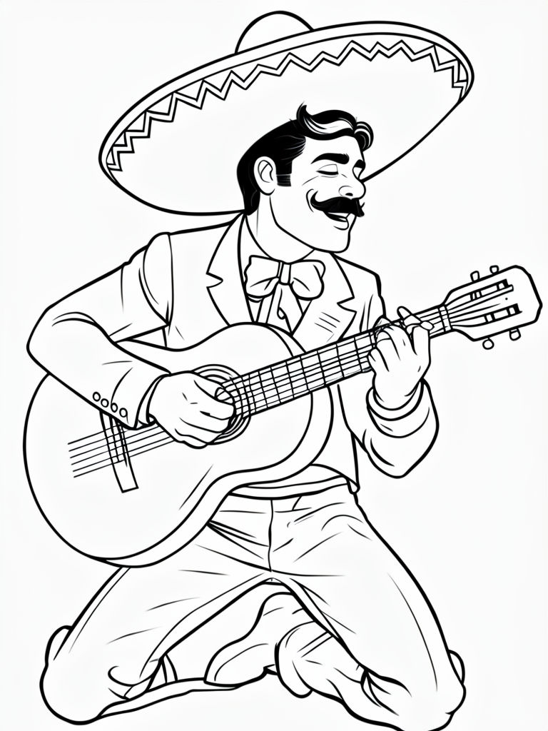 Joyful Male Musician Playing Guitar Coloring Book Page