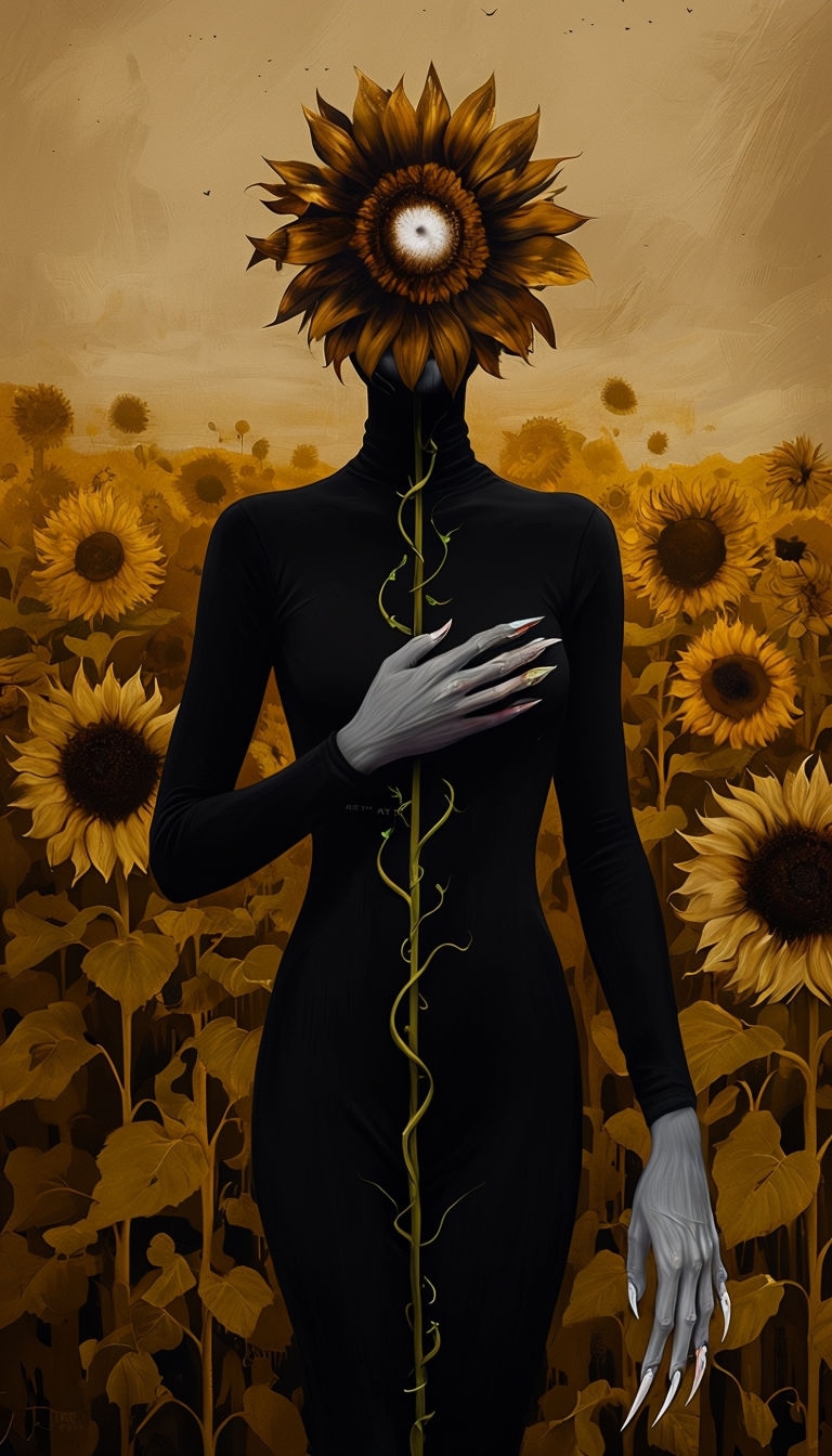 Eerie Surreal Figure Among Sunflowers Digital Art Mobile Wallpaper