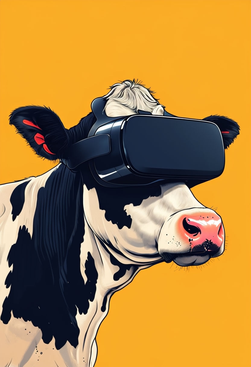 Cow in VR Headset Digital Illustration on Amber Background Art